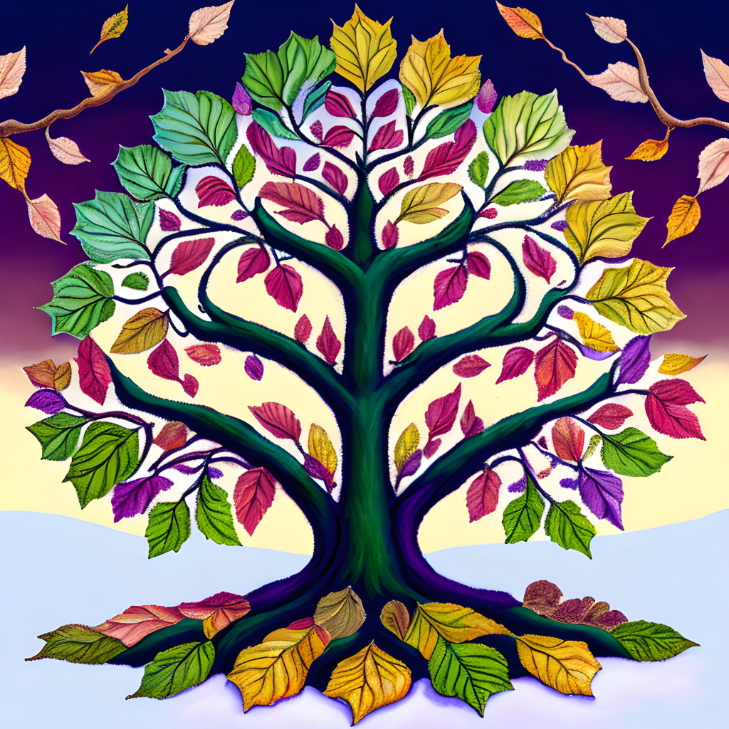 Colorful Tree Illustration with Multicolored Leaves on Purple Sky Background