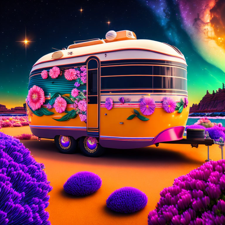 Colorful retro caravan in surreal desert landscape