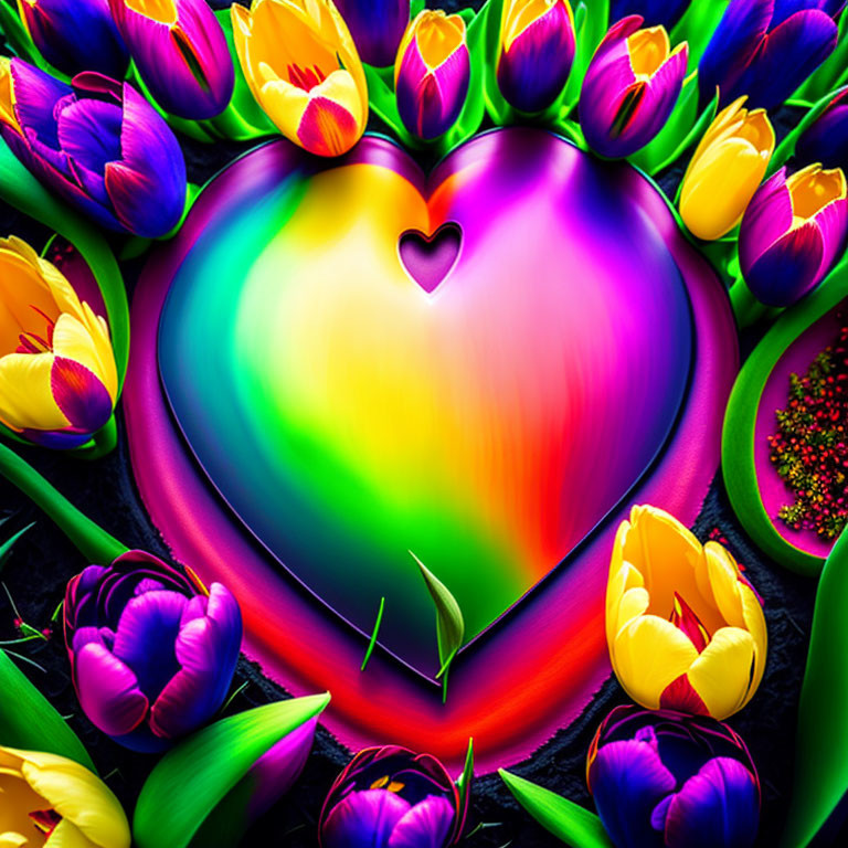 Colorful heart and tulips in digital art