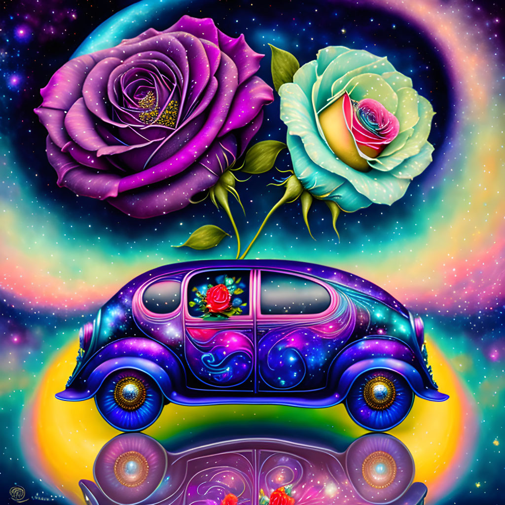 Colorful Digital Illustration of Classic Beetle Car with Rose Motifs