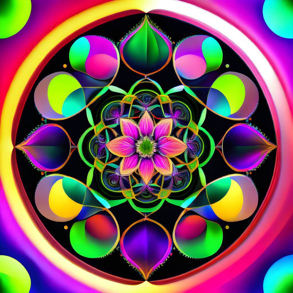 Colorful Neon Mandala with Floral Center on Black Background