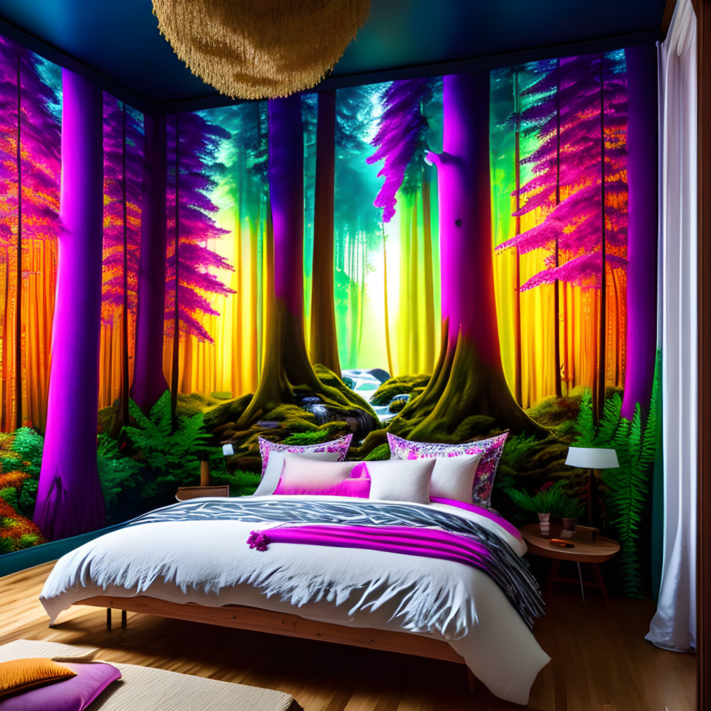 Colorful Forest Murals in Vibrant Bedroom with Large Windows