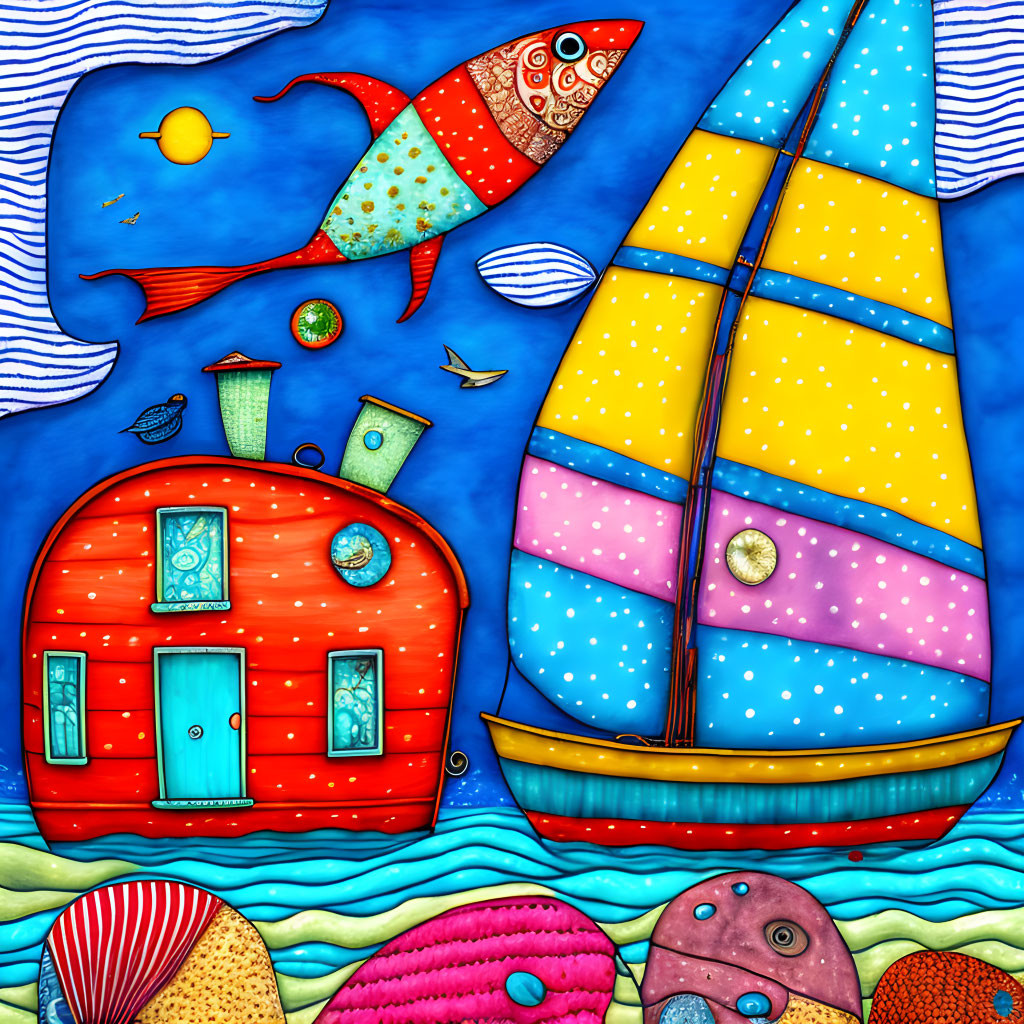 Vibrant seascape with round red house, sailboat, fish, and whimsical patterns