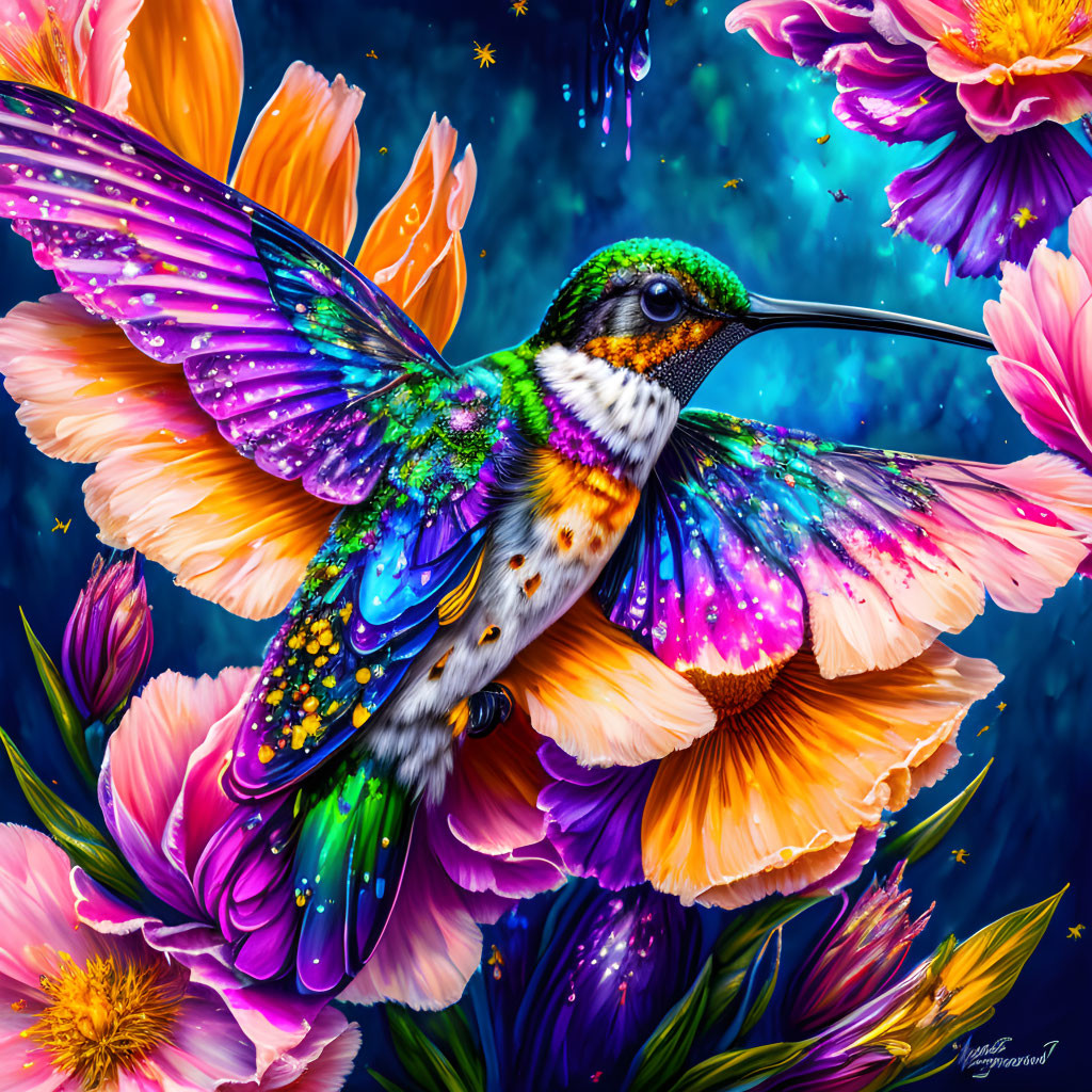 Colorful hummingbird digital art with rainbow wings and purple flowers