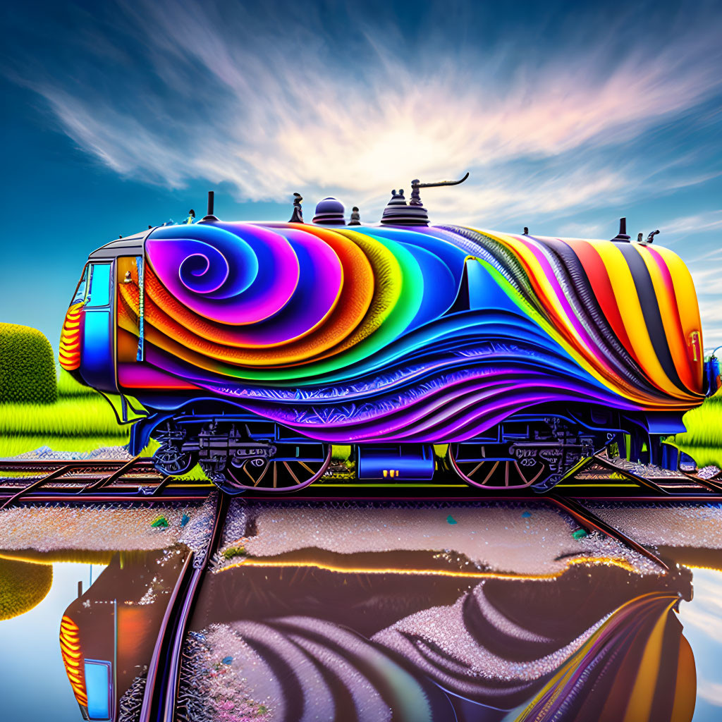 Colorful Psychedelic Train on Reflective Surface with Swirling Patterns