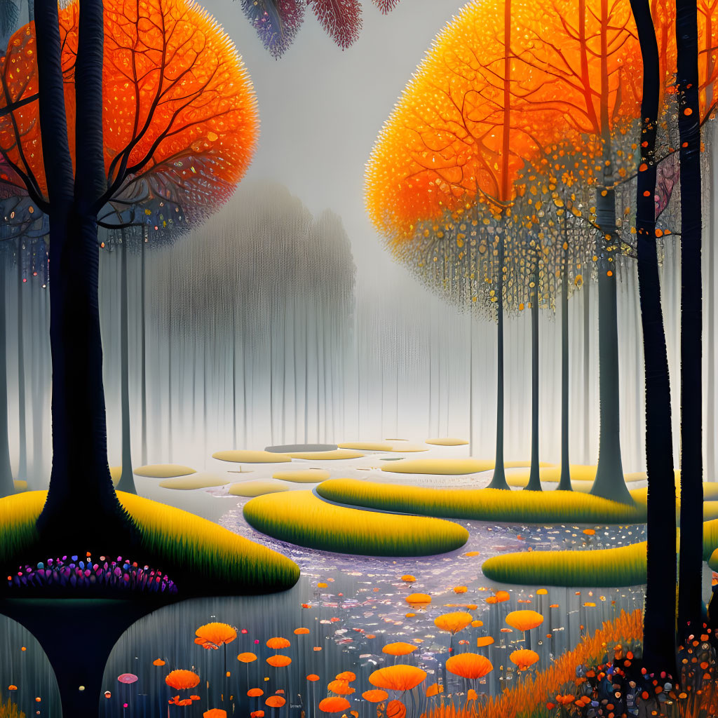 Colorful Fantasy Forest with Mist and Whimsical Purple Flowers