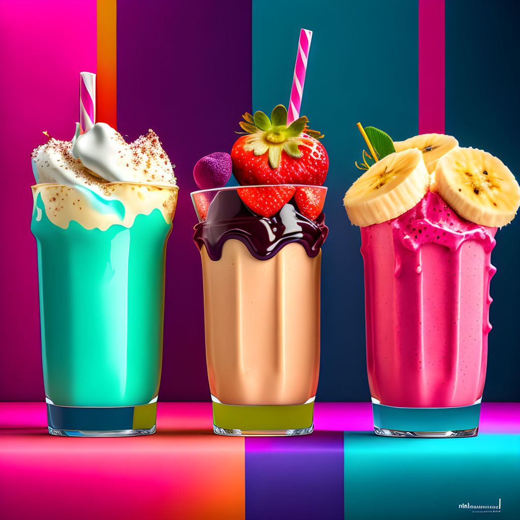 Vibrant milkshakes with whipped cream and toppings on colorful background