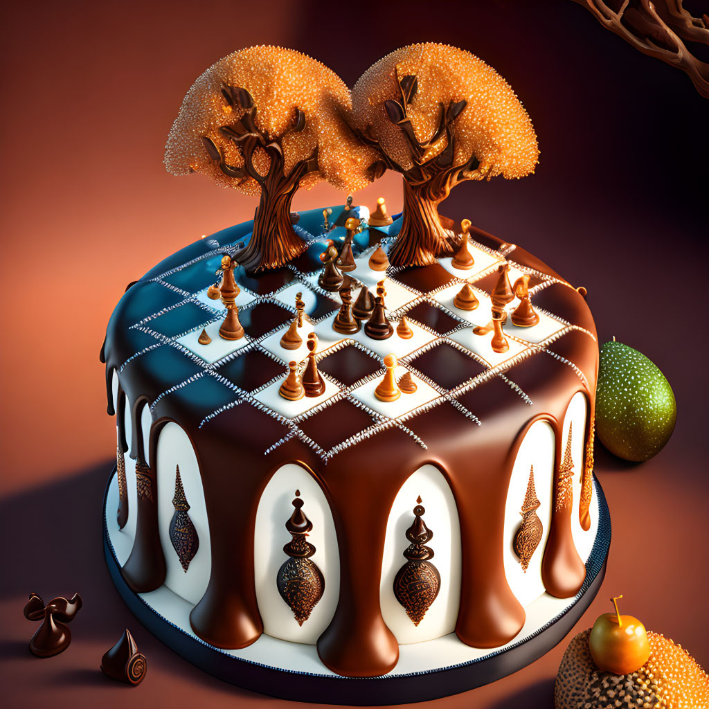 Surreal chocolate cake with chessboard pattern, ornate trees, chess pieces, and glowing lights