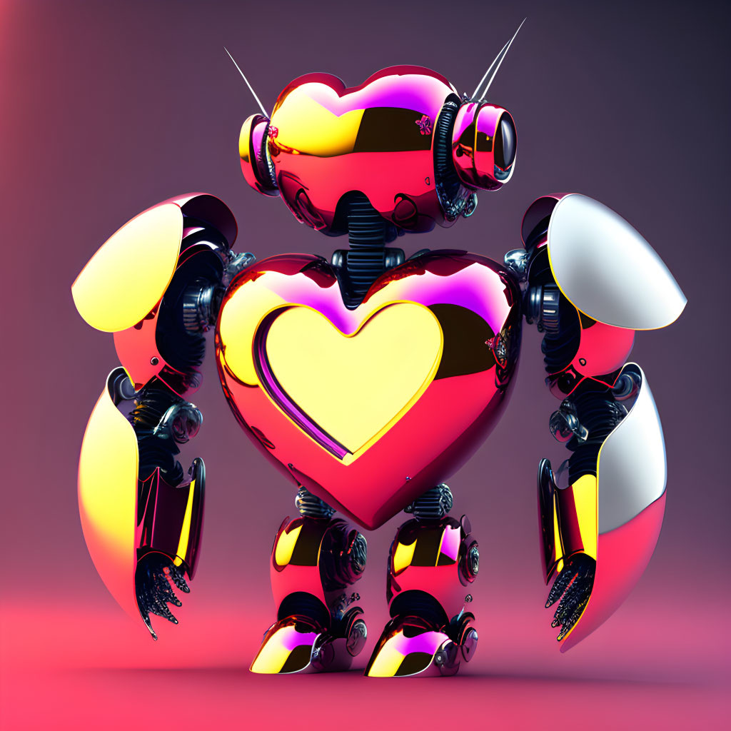 Colorful Stylized Heart-Shaped Robot in Pink and Yellow on Magenta Background