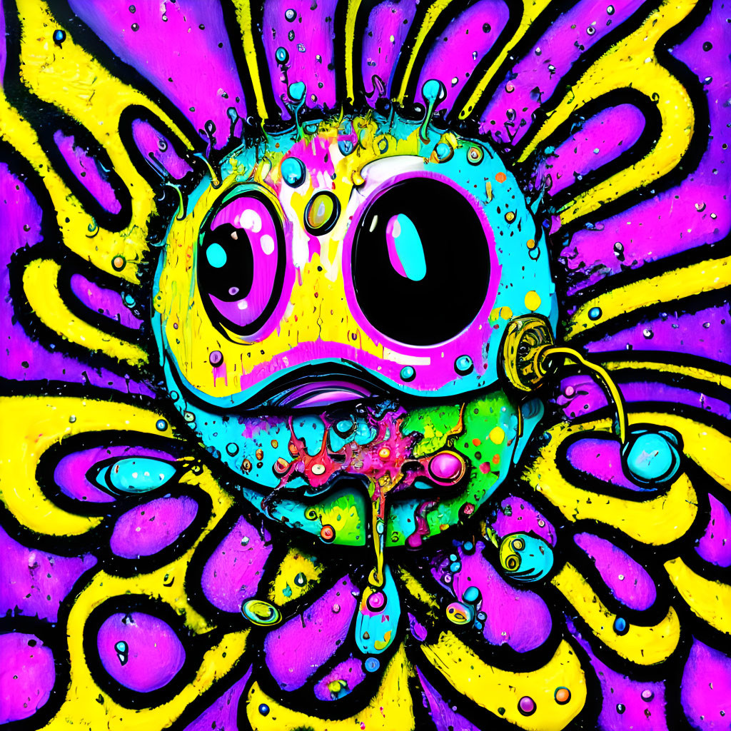 Colorful abstract illustration of whimsical creature with large eyes on dark background