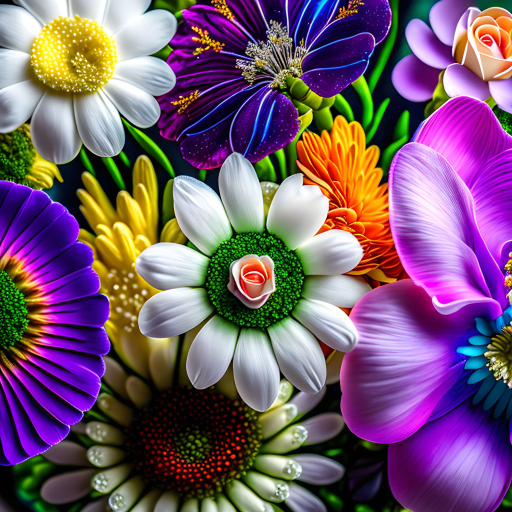 Colorful photorealistic flowers: rich hues, intricate details, various species, dewdrops visible.