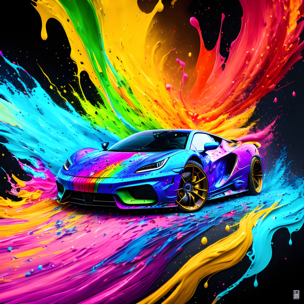 Colorful digital artwork: Blue sports car with swirling paint on black background