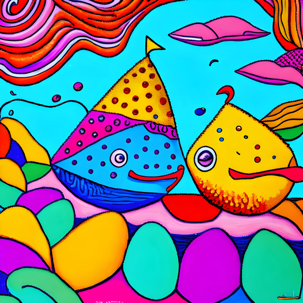 Colorful Abstract Image of Stylized Fish and Aquatic Plants