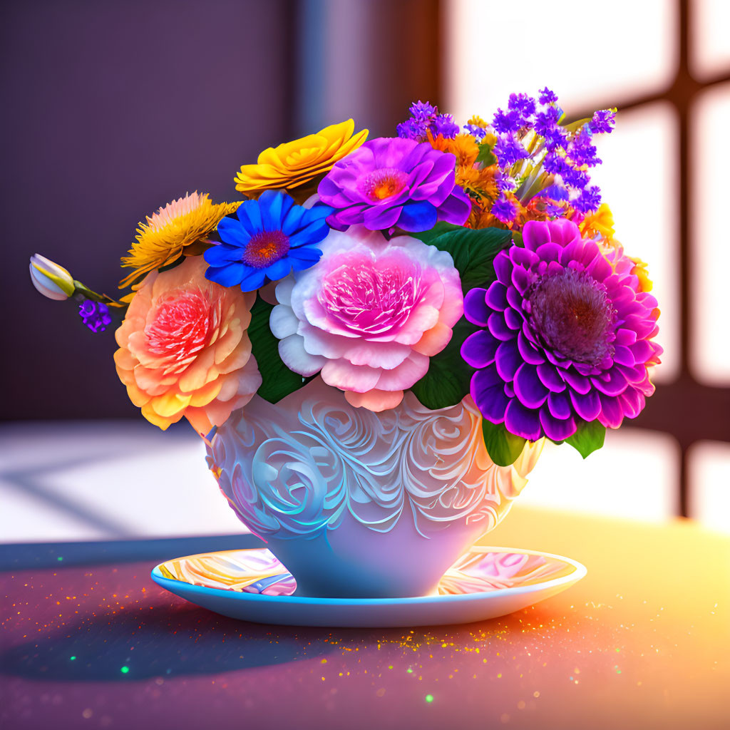 Colorful Flower Bouquet in Ornate Teacup with Sunlight Streaming Through Window