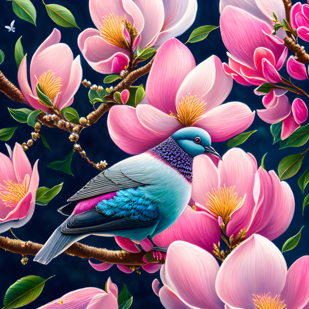 Colorful Bird Perched Among Pink Magnolia Blossoms on Dark Blue Background