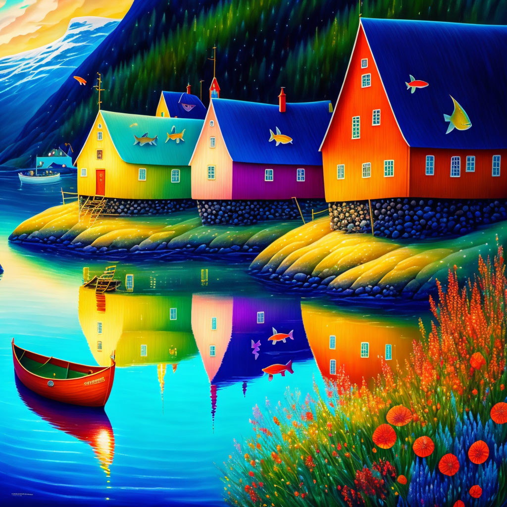 Colorful Houses Reflecting in Lake Surrounded by Hills and Boat