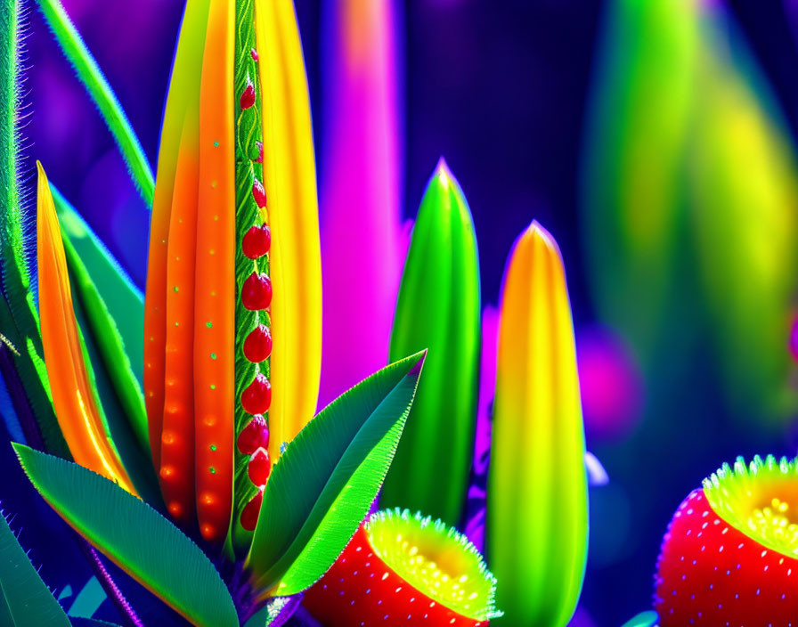 Colorful digitally altered fantasy plants with neon green, pink, and yellow hues.