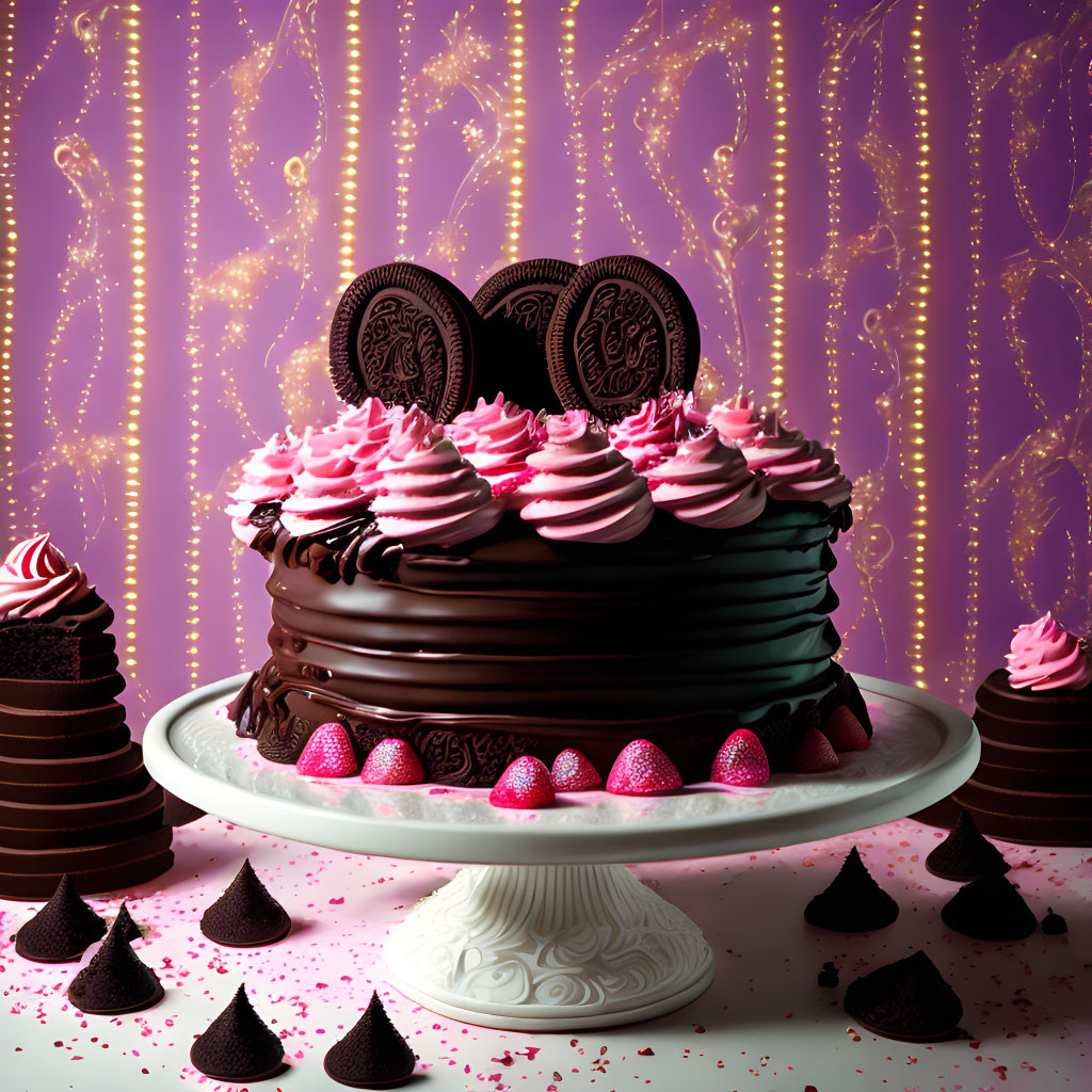 Chocolate cake with pink cream, Oreo cookies, and candy on white stand