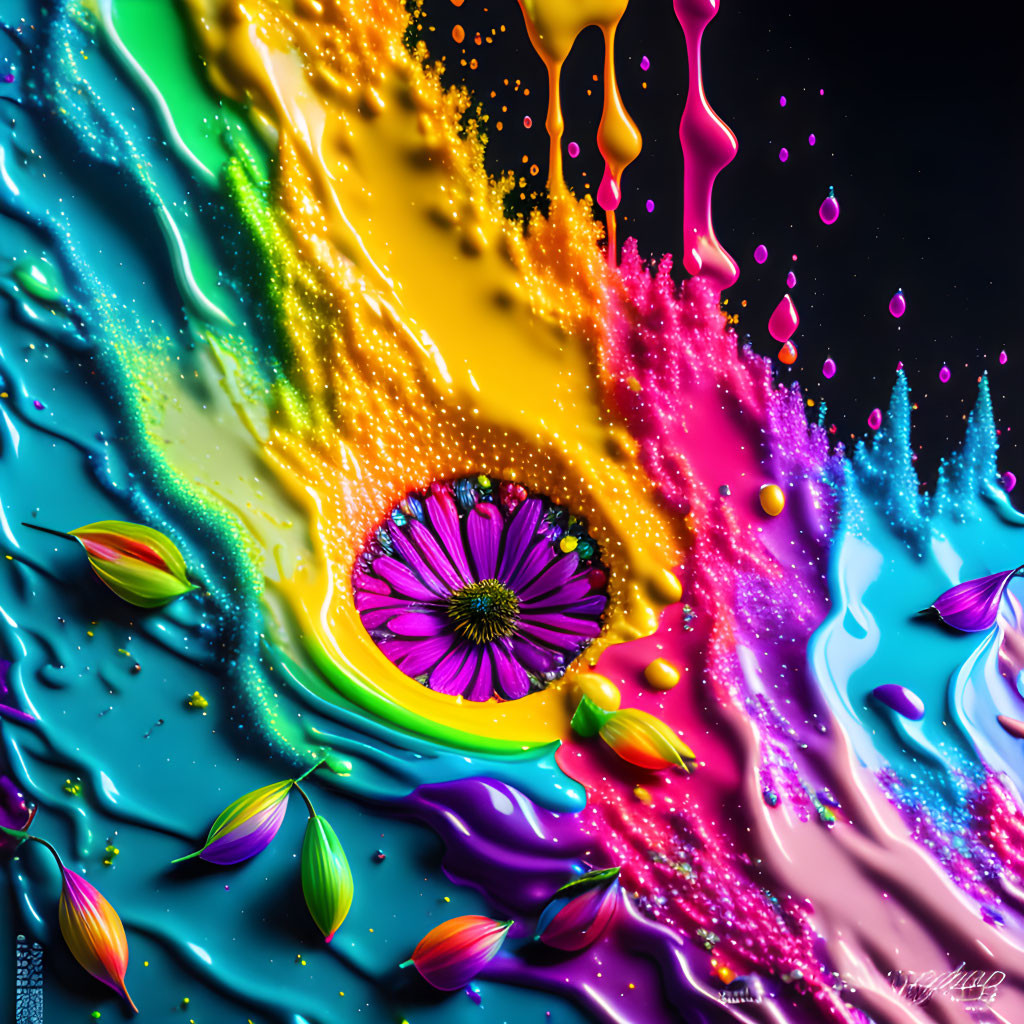 Colorful Surreal Digital Art: Liquid Splash with Purple Flower