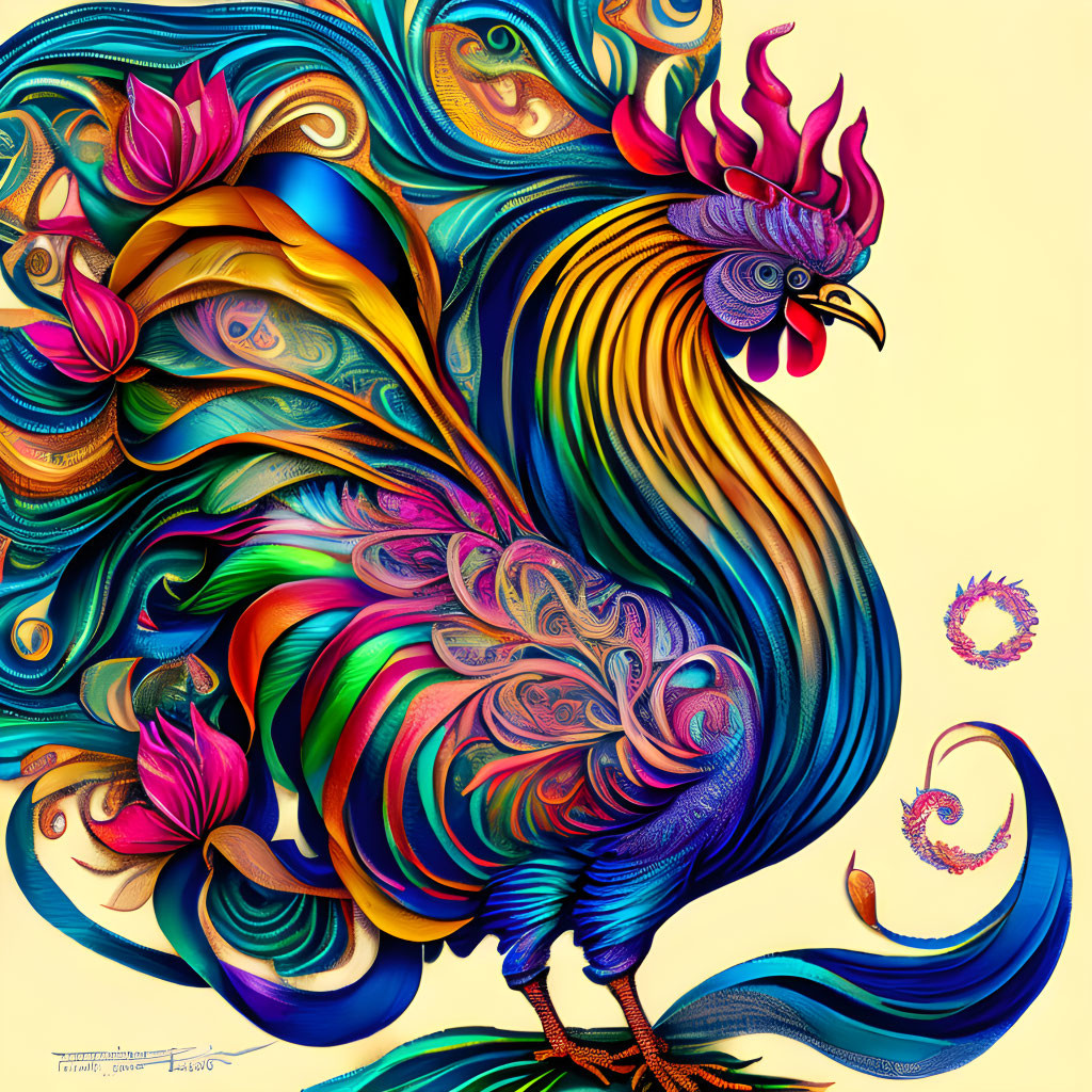 Colorful Digital Artwork: Stylized Rooster with Elaborate Feathers and Lotus Flower