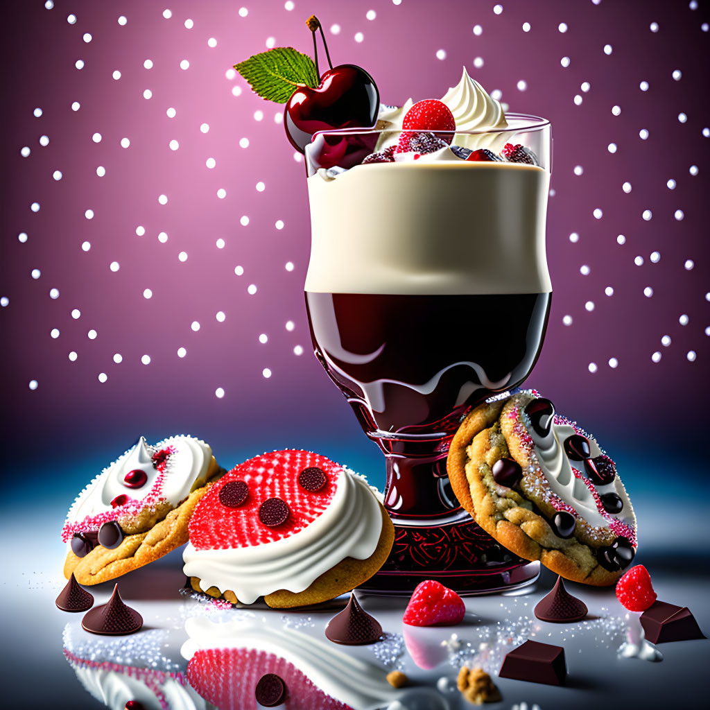 Layered dessert with whipped cream, cherry, cookies, chocolate, and berries on sparkly background