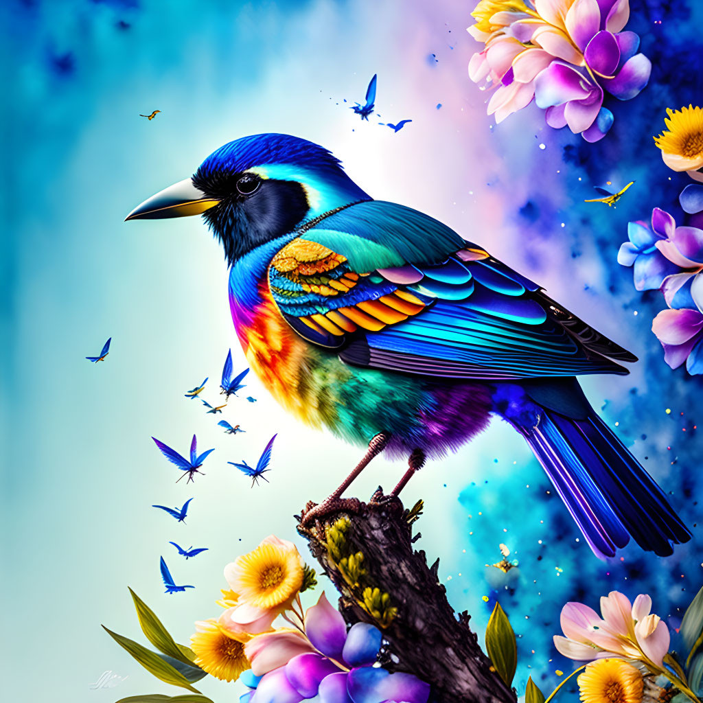 Colorful Bird on Branch Surrounded by Flowers and Butterflies