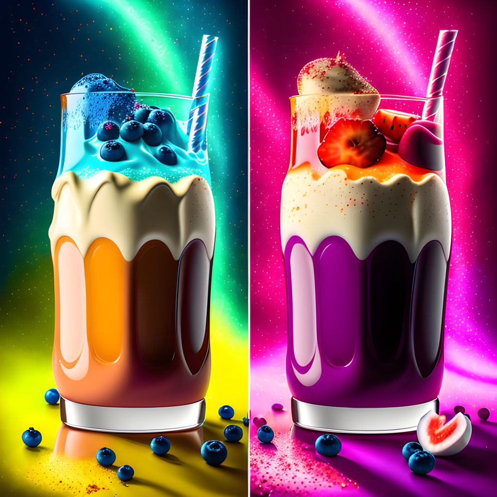 Colorful milkshakes with whipped cream and fruits on abstract background