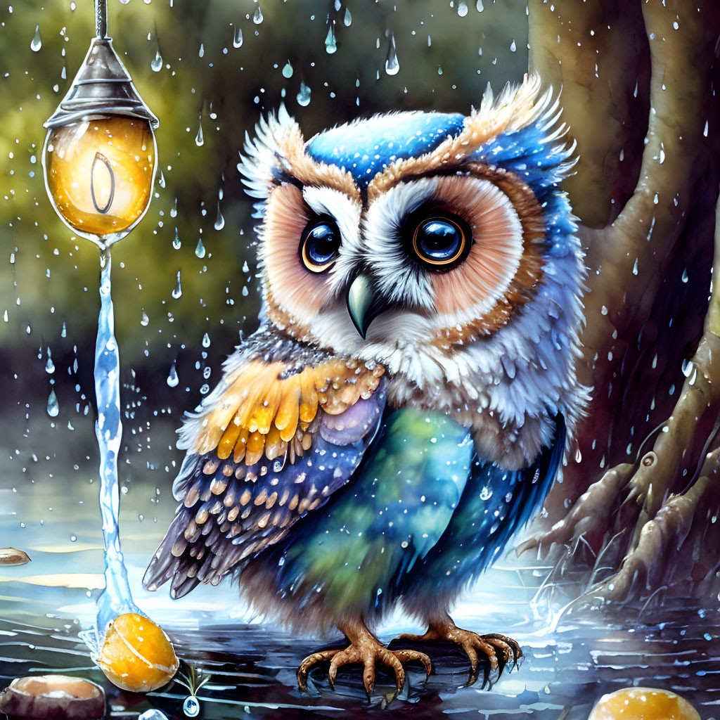 Vibrant owl illustration with lantern in rainy night scene