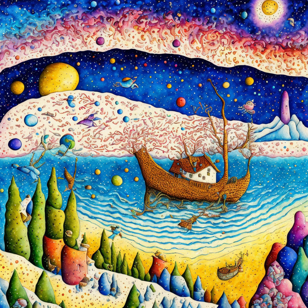 Colorful painting of ship sailing over whimsical landscape with fish in sky