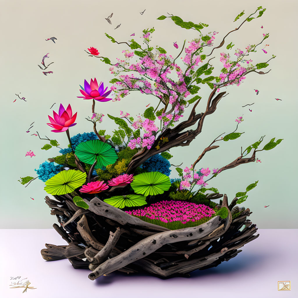 Colorful digital artwork: Nest with branches, greenery, blossoms, lotus flowers, birds