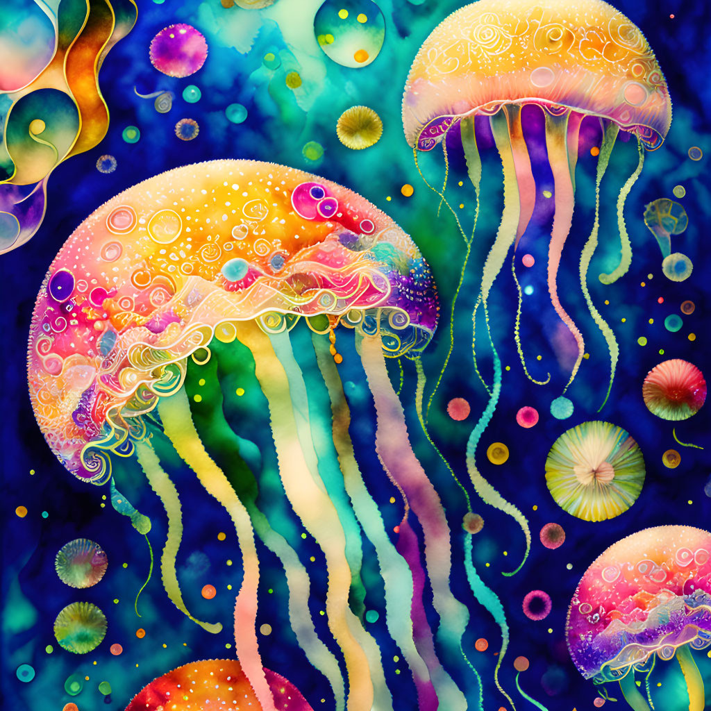 Colorful Watercolor Jellyfish Swimming in Abstract Sea