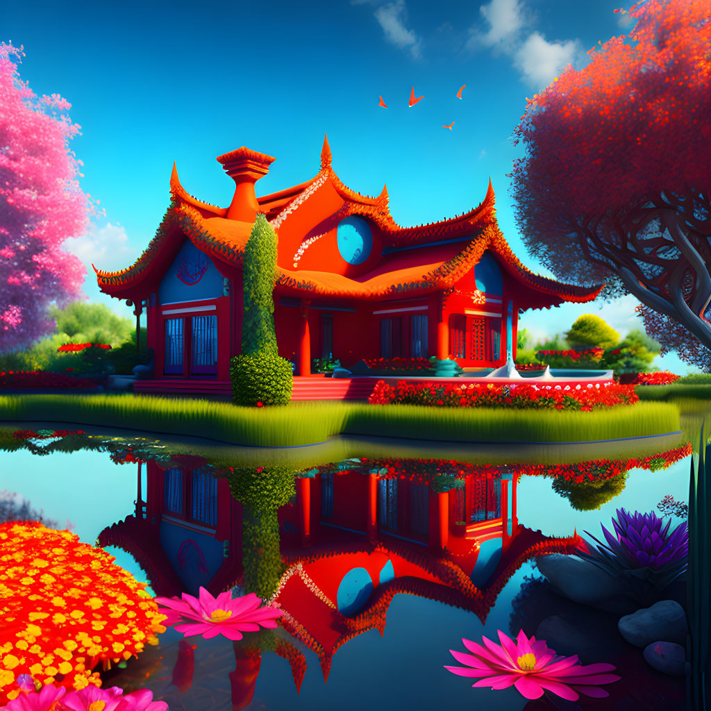 Traditional red Asian pagoda in serene pond with lush surroundings