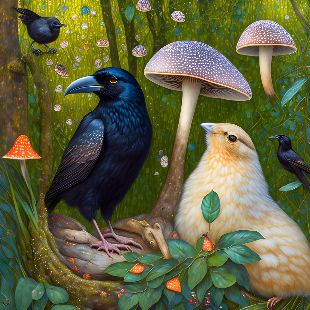 Colorful bird illustrations with mushrooms and magical atmosphere