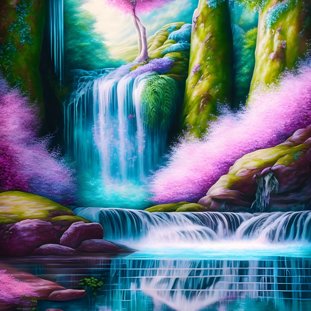 Mystical fantasy waterfall with moss-covered cliffs and purple foliage