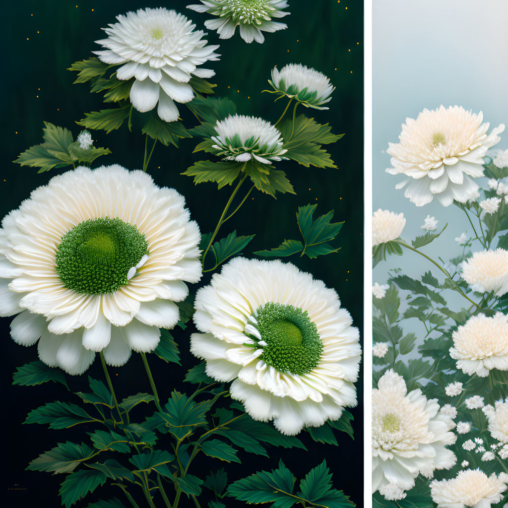 Realistic white flowers on green backgrounds.