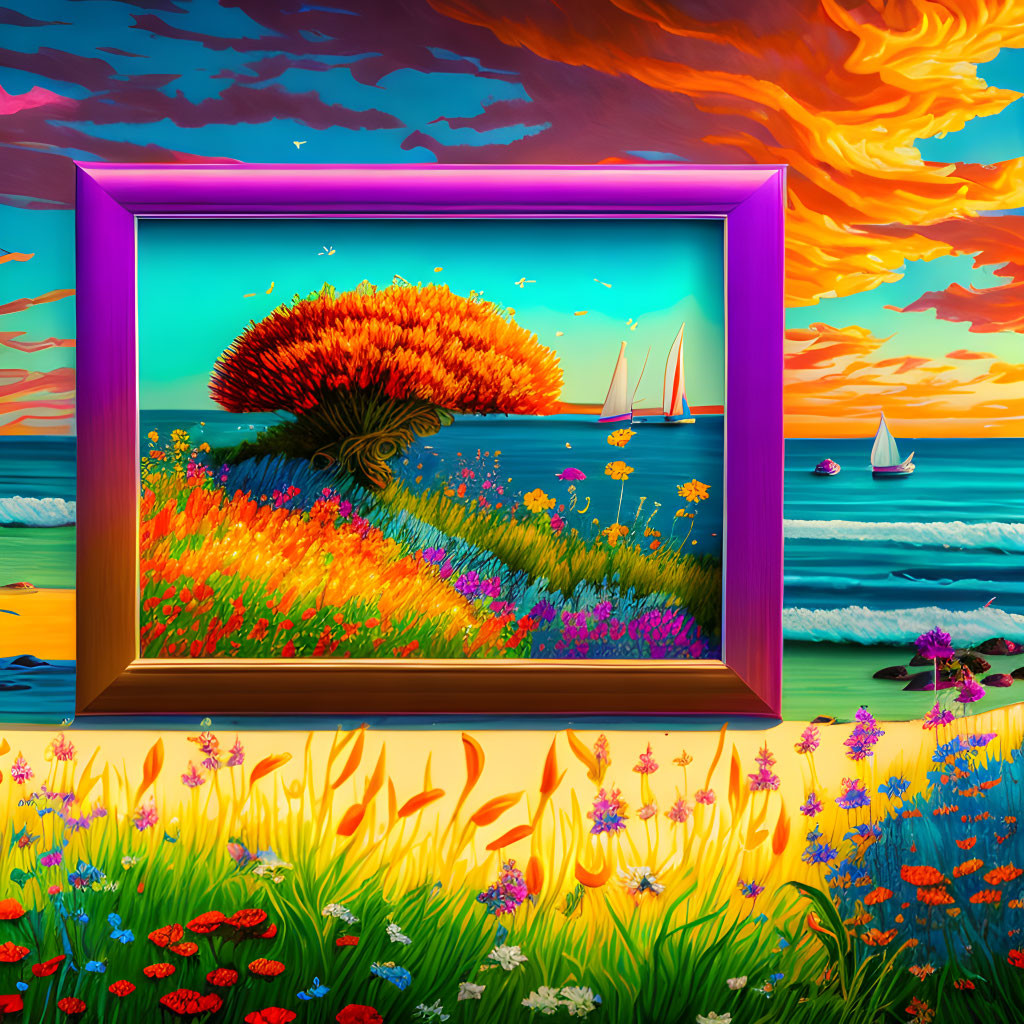 Surreal landscape painting with fiery sunset, tree, flowers, and sailboats