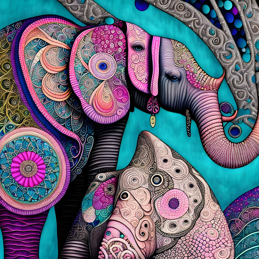 Vibrant digital artwork: stylized elephants in intricate patterns