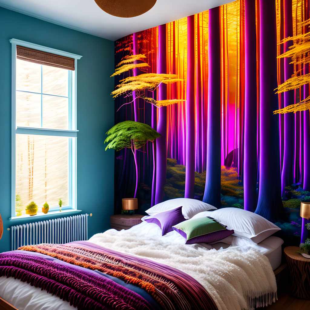 Vibrant bedroom with blue wall, large window, and neon-lit fantasy forest mural. White