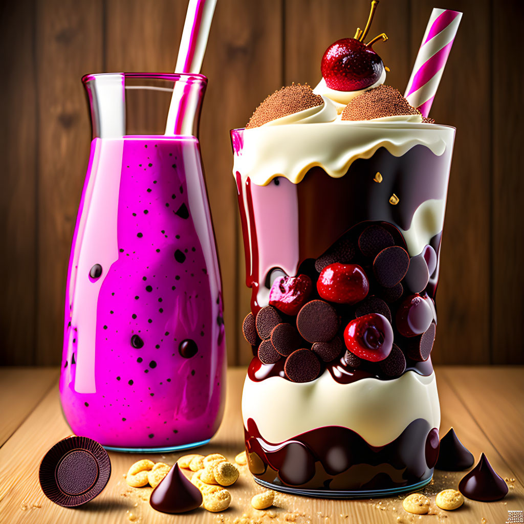 Decadent milkshake with whipped cream, berries, chocolate, purple drink, and cookies on wooden