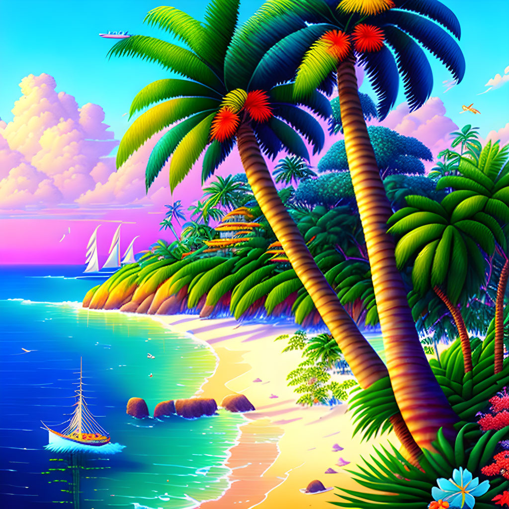 Tropical beach scene with palm trees, blue sky, sailboats, and serene ocean