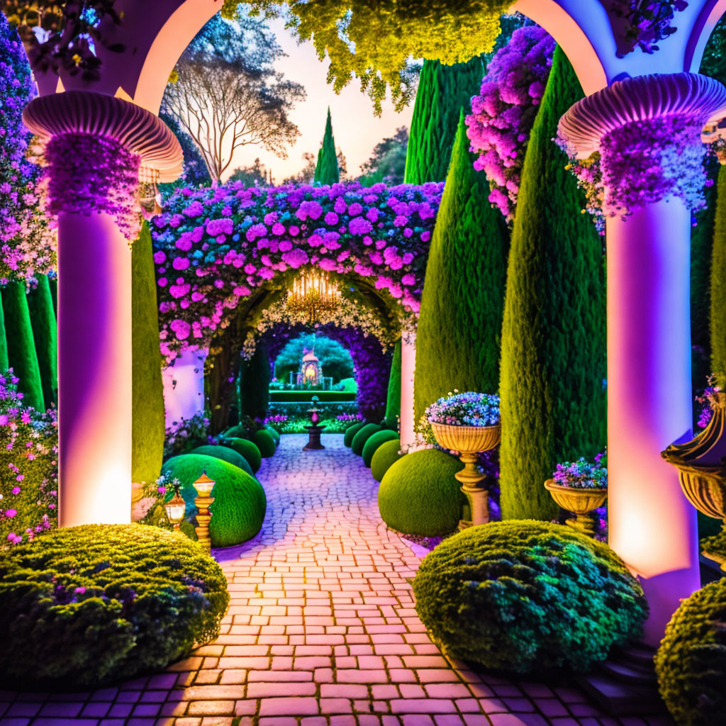 Twilight garden path with topiary art, illuminated pillars, arches, and fountain