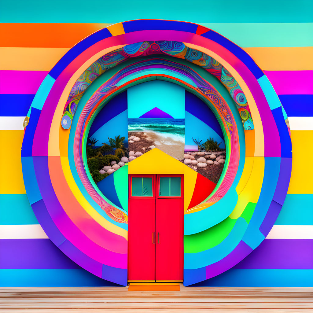 Vibrant concentric circles and stripes surrounding red door on beach backdrop