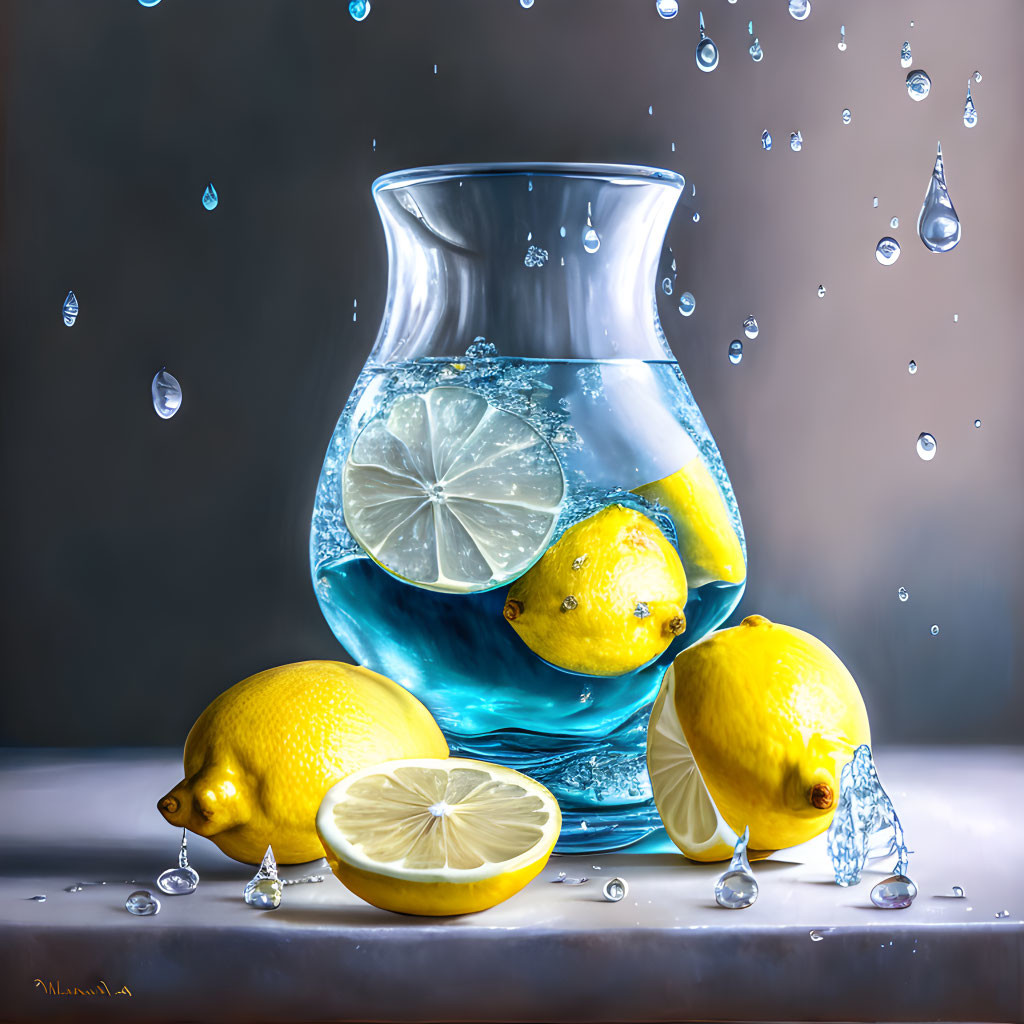 Still life image: Clear pitcher with water, sliced lemons, whole lemons, and suspended water