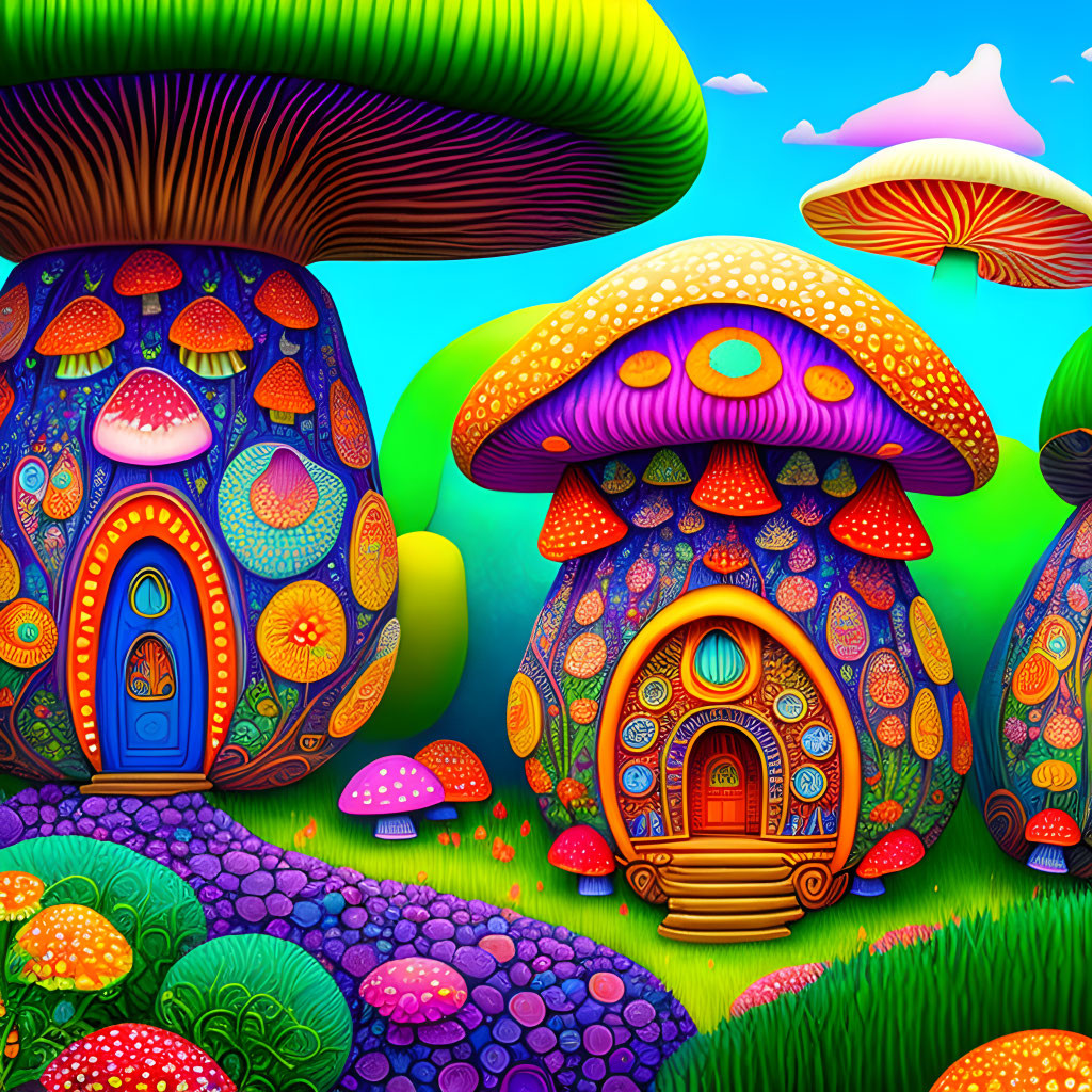 Colorful Whimsical Mushroom Houses in Fantasy Landscape