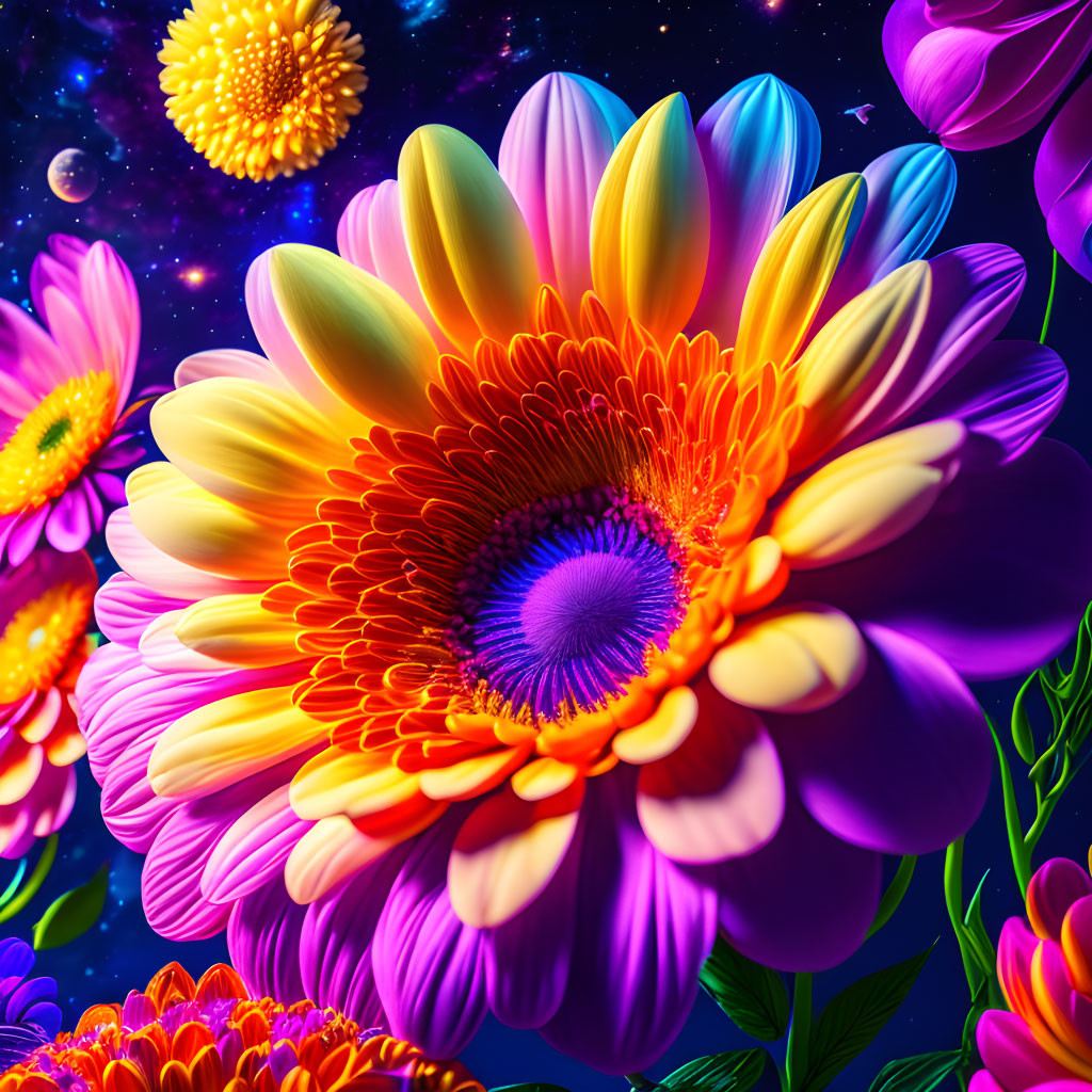 Colorful Stylized Flower Artwork with Cosmic Background