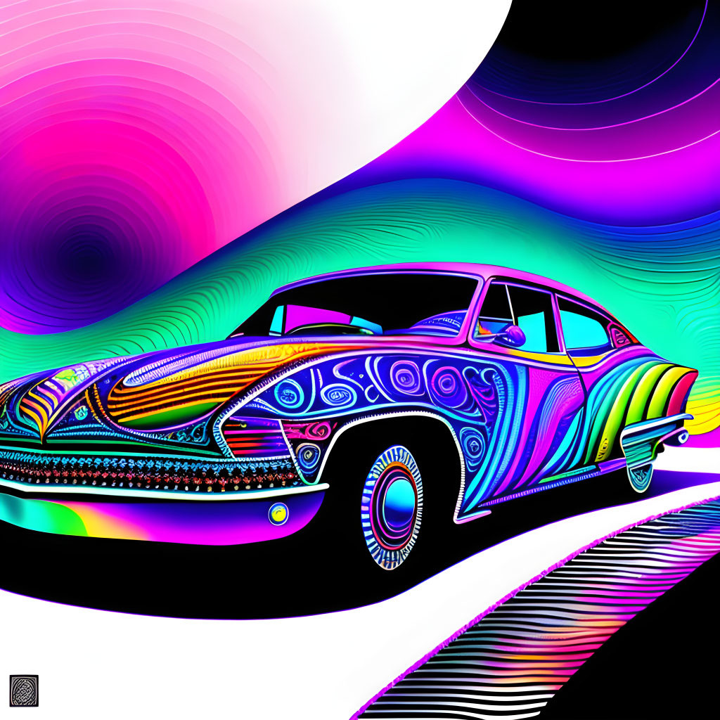 Vibrant psychedelic illustration of classic car in abstract art style