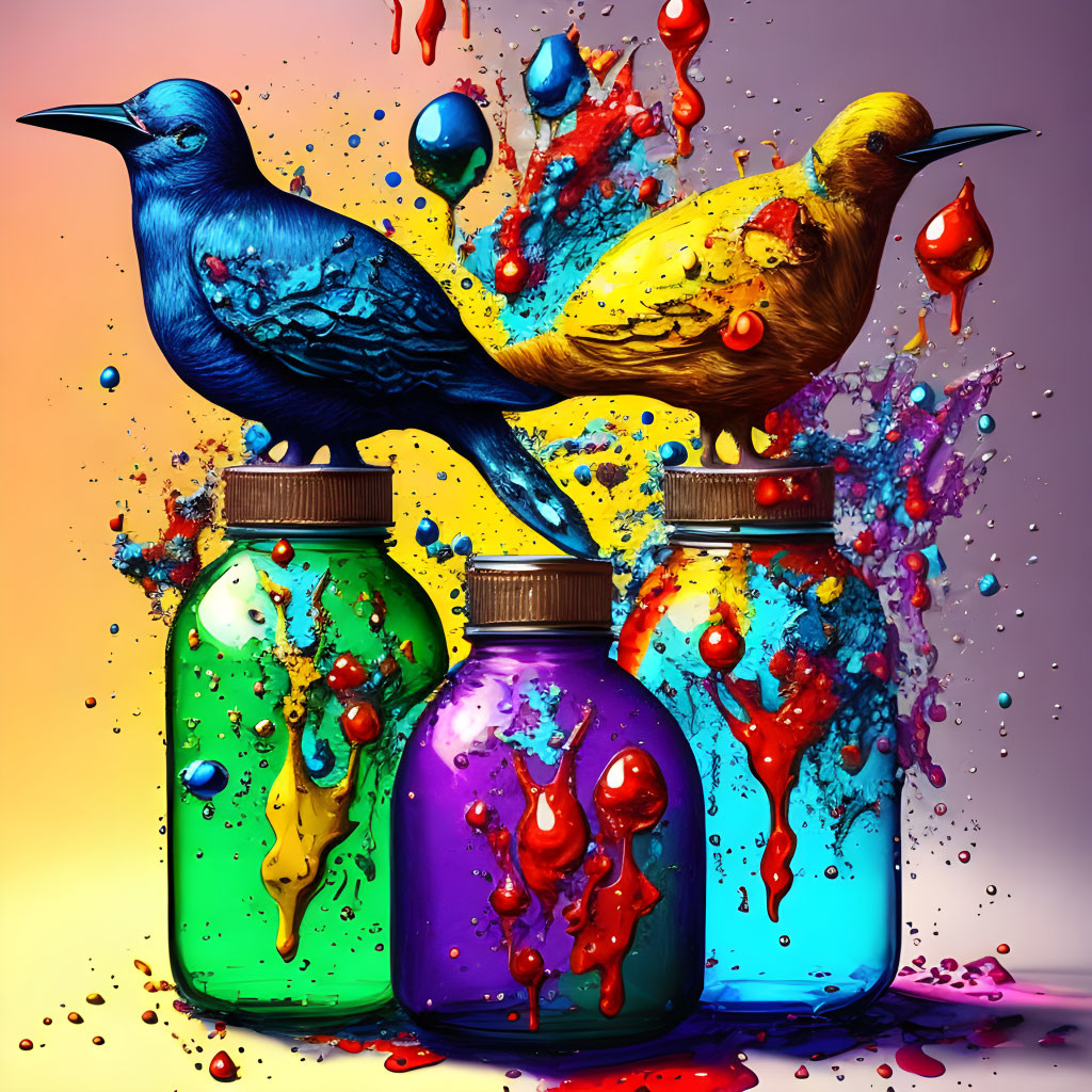 Colorful Digital Artwork: Birds on Paint Jars with Dynamic Splashes