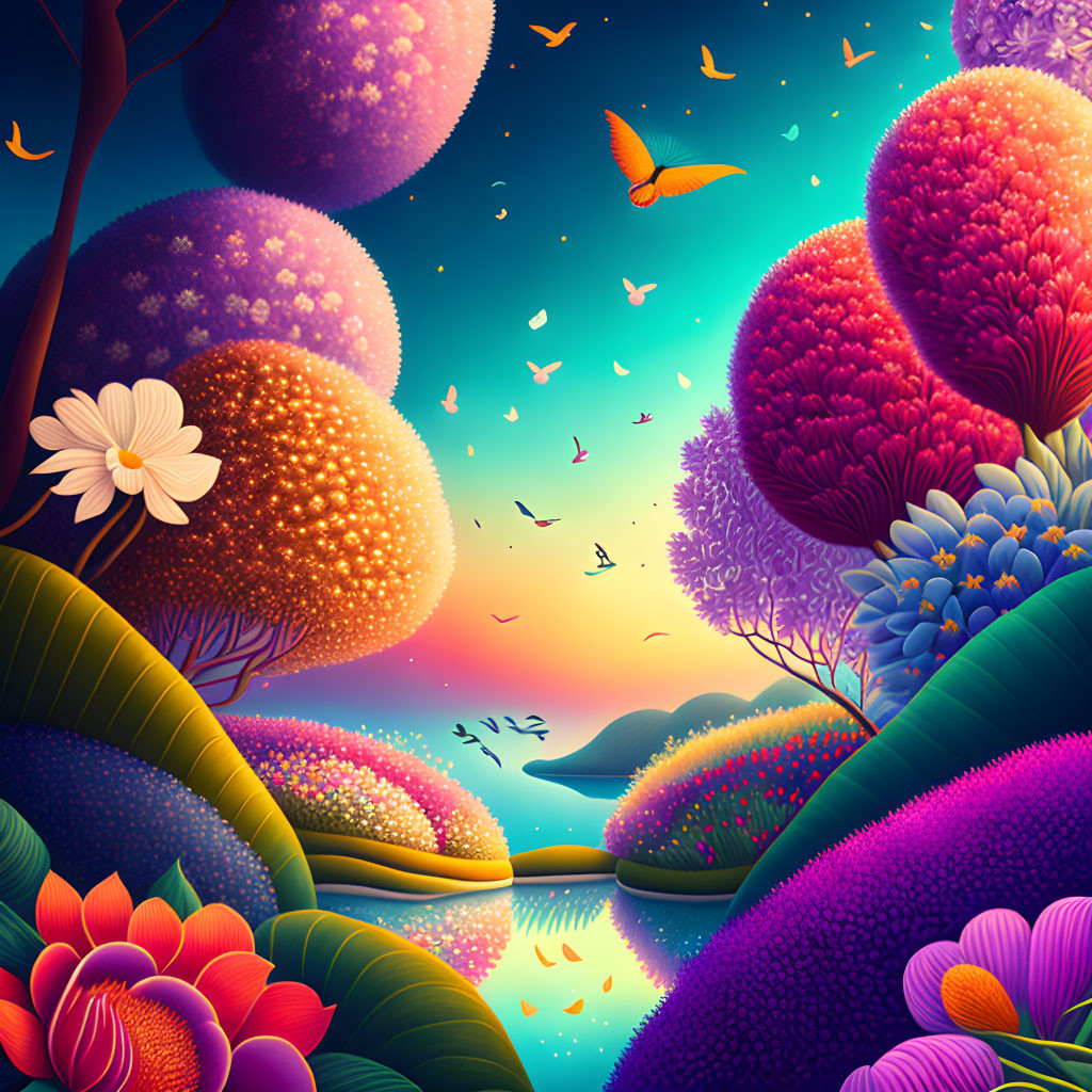 Colorful Fantasy Landscape with Trees, Flowers, Butterflies, and Lake