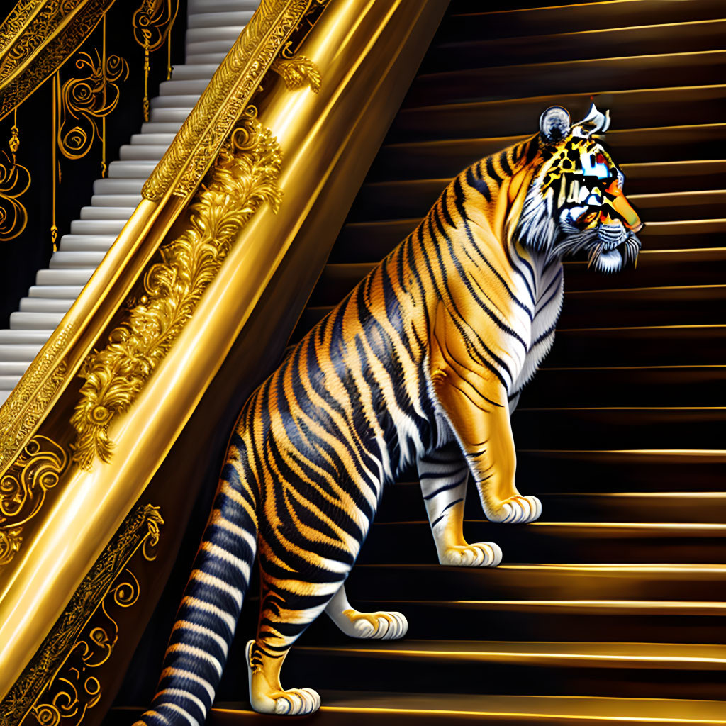 Majestic tiger climbing ornate golden staircase