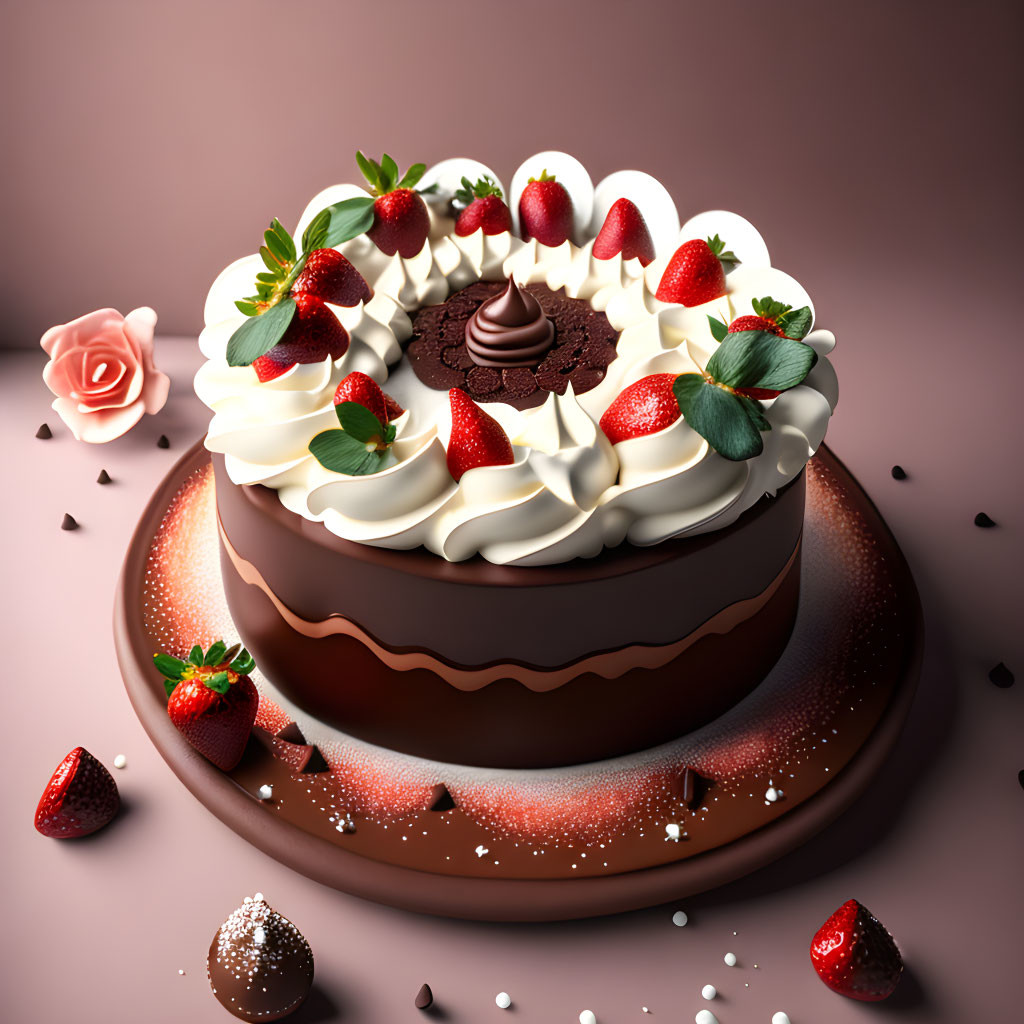 Decadent chocolate cake with whipped cream, strawberries, chocolate swirl, and pink rose.